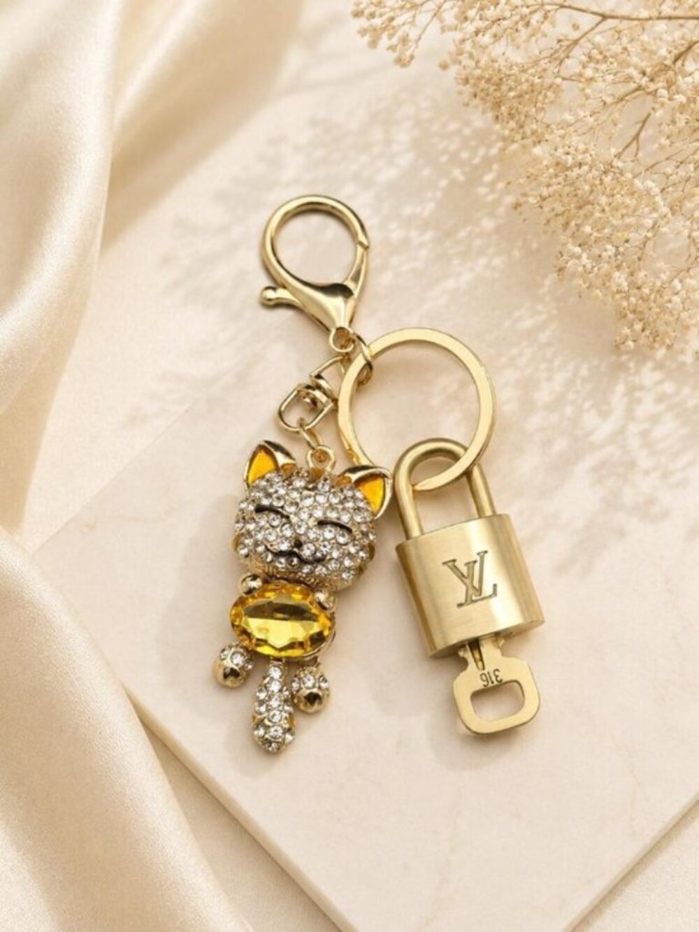 Authentic Louis Vuitton Lock & Key Gold ✨ Unbranded Cat Keychain Bag Charm LV